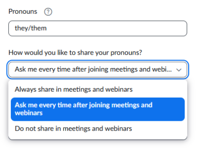Add your pronouns and select when you would like them to be shared